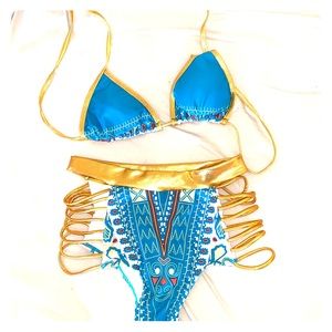 Blue Aztec Bikini with Gold Trim